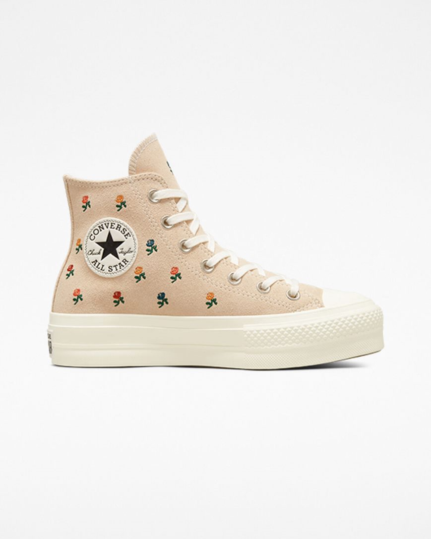 Dámské Boty Na Platformy Converse Chuck Taylor All Star Lift Embroidered Roses Vysoké Béžový | CZ FOCS45